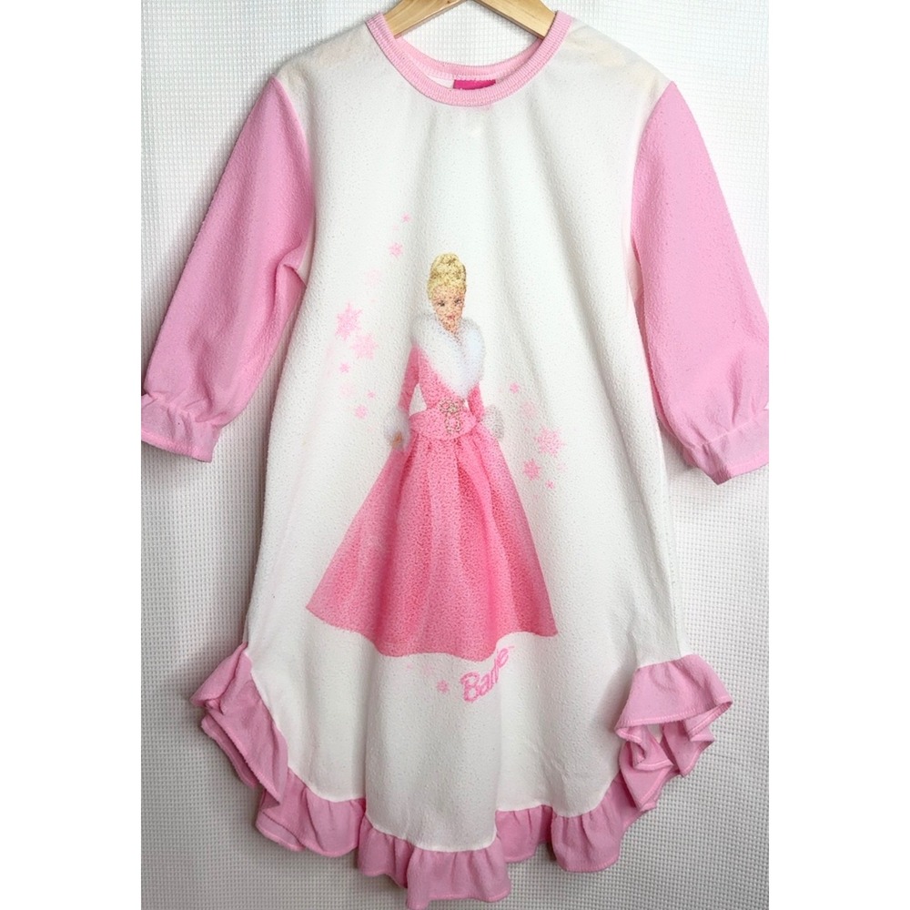 Vintage 2000 Barbie Girls Fleece Nightgown Pink White Ruffle Holiday Size 6/6X